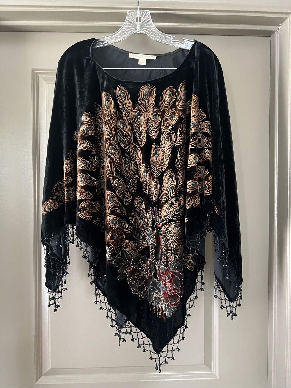 Boston Proper Black Velvet Peacock Beaded Poncho OS